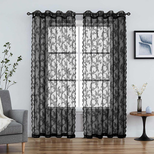 Black Lace Curtains For Bedroom 84 Inches Long   French...