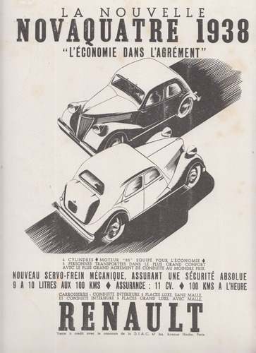 1937 Publicidad Vintage De Automovil Renault Novaquatre Raro (Usado)