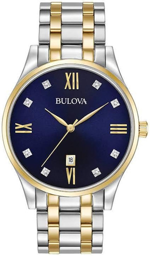 Relógio Bulova Diamonds 98d130 Orig Anal Gold Silver Blue