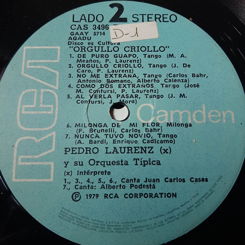 Sin Tapa Disco Pedro Laurenz Orgullo Criollo Casas  T0