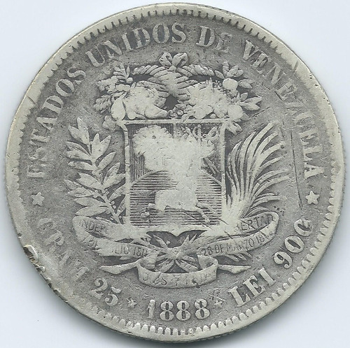 Moneda Fuerte De Plata 5 Bolívares De 1888