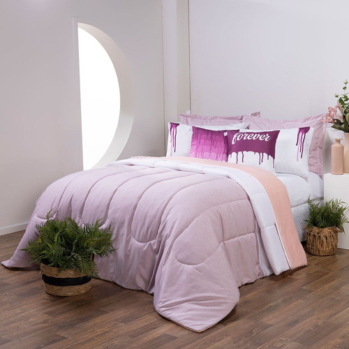 Kit Edredom Dupla Face Casal Queen 7 Peças 400 Fios Cor Rosa