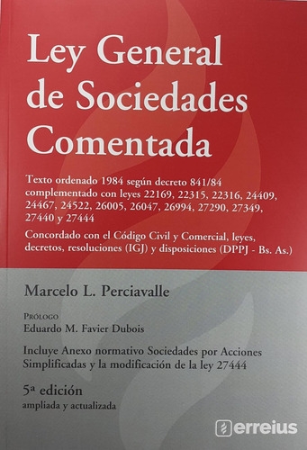 Ley General De Sociedades. Comentada. 5ta Edición - Perciava