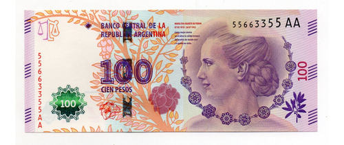 Billete Argentina 100 Pesos Evita Serie Aa Sin Circular 2016