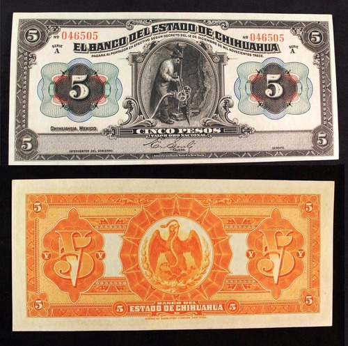 Bn8184 México 1913 5 Pesos Banco De Chihuahua Remainder Raro