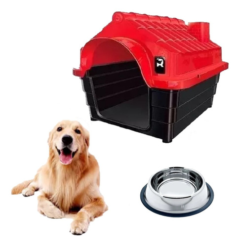 Comedor Inox Chalesco Antiderrapante + Casa Pet N4 Vermelho