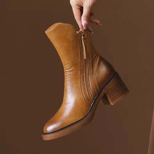 Botas Curtas Marrons Botas Couro Britânicas Com Salto Grosso