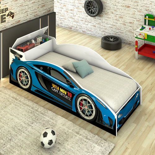 Cama Carro Quarto Infantil Mcveloz Azul Com Baú Envio Rapido