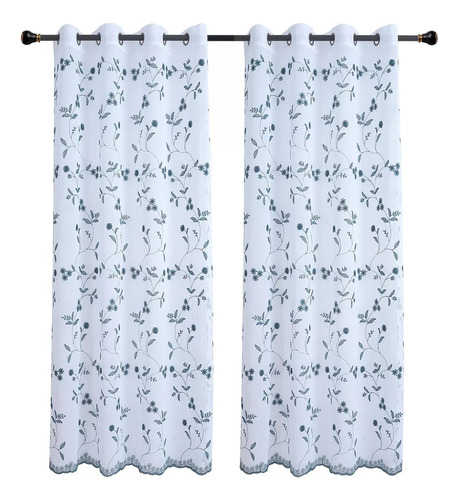 Set Visillo De Lino Bordado 140*220cm Color L. Azul Petroleo