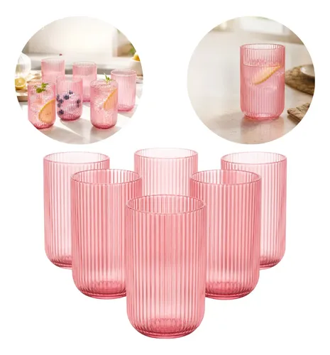 Jogo 6 Copos De Vidro Canelado 460ml Versalhes Rosa Luxo