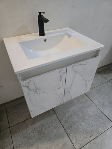 Lavabo Con Gabinete Y Monomando, Bañoclo60m Rectangular Mármol Blanco Liso