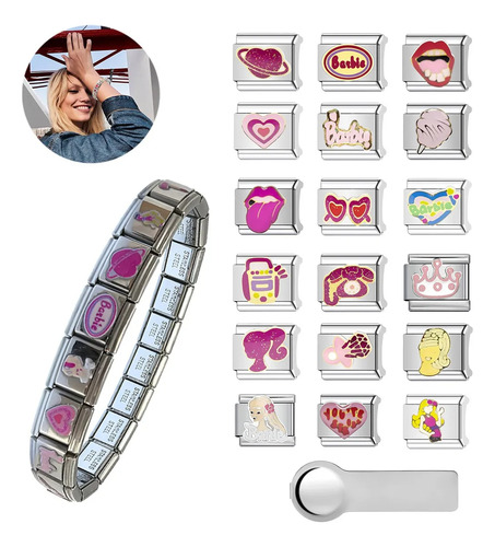 Pulsera Italian Charm Moda Calidad Acero Inoxidable Bracelet Rosa 17.5 Cm