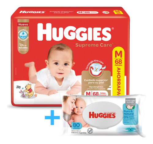  Pañales Huggies Supreme Care + Toallitas Puro Y Natural X80