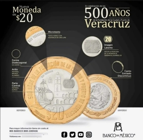 Moneda De 20 Pesos 500 Años De Fundación Puerto De Veracruz