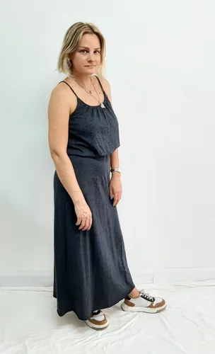 Vestido Solero Largo Gris Topo T 1 Pechera Abuchonada Recto 15.000