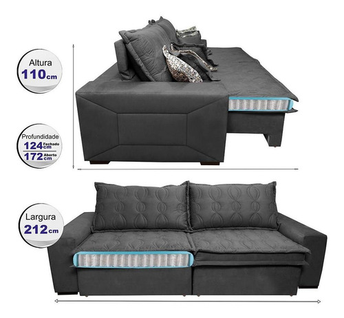 Sofá Retrátil 2,12m Pocket Cama Inbox Supreme Suede Cinza Desenho do tecido Liso