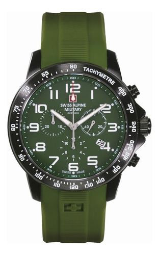Reloj Swiss Alpine Military Ranger Chrono 7064.9874sam Malla Verde Bisel Negro Fondo Verde