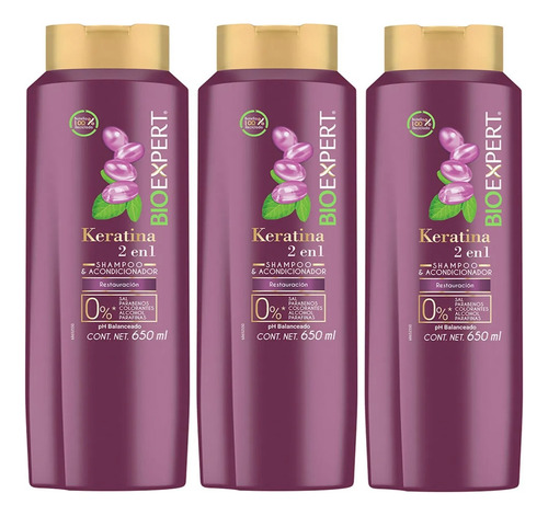 3 Shampoo Bioexpert Keratina 2 En 1 Restauración 650ml