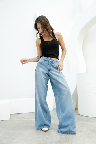 Pantalón Baggy De Jean Rígido Tiro Medio - Oriental