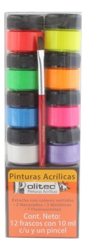 Set Pinturas Acrílicas Politec Fluorescente Y Metálica 12pz