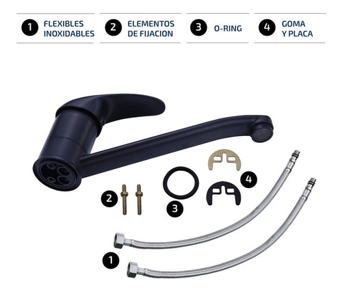 Imagen 4 de 6 de Grifo Cocina Monocomando Negro Canilla Griferia + Flexibles