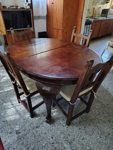 Mesa De Roble Macizo Antigua Expandible 40 Cm, Más 6 Sillas Marrón Oscuro (Usado)