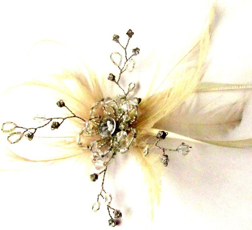 Tocado De Novia/cristal De Roca/strass/plumas Marfil