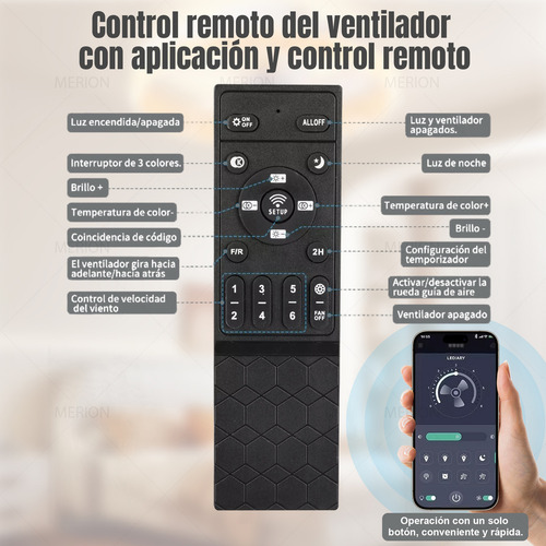 Abanico Ventilador De Techo Lampara Moderno Control Remoto Inteligente Led Estructura Blanco MERION