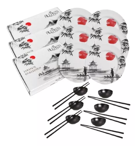 Mandiali e-Shop : Kit 6 Peças para Comida Japonesa Pratos Copo Molheira  Hashi Hashioki