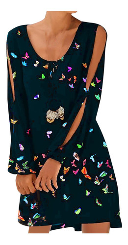 Mujer Manga Larga Mariposa Estampado O-cuello Vestido Off-t