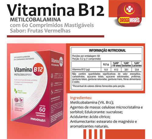Vitamina B12 Metilcobalamina 60 Comp Mastigáveis Maxinutri