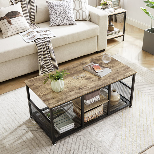 Mesa Central Gris Con Almacenamiento Estante De Malla 100 Cm