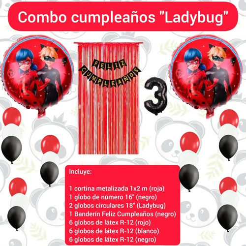 Combo Decoración Cumpleaños Lady Bug Cortina Banderin Globos