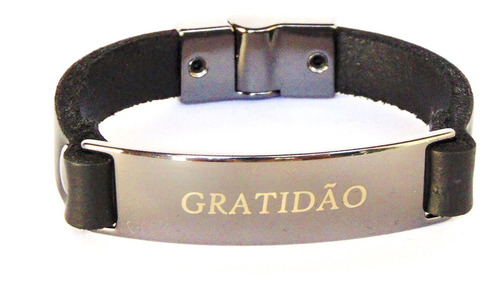 Pulseira De Couro Legítimo Preta Gratidão No Rebite