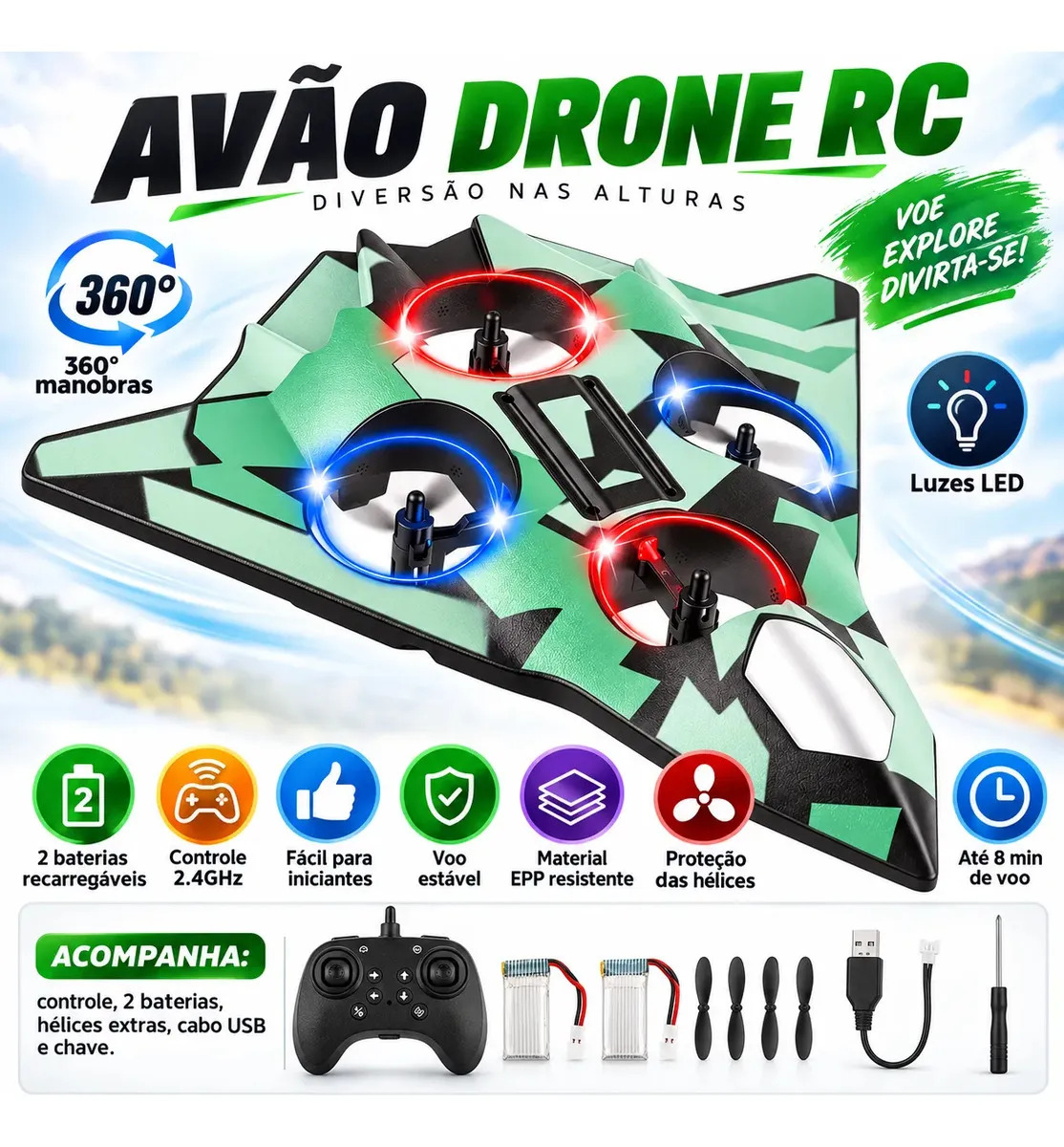 MoveBrinca Drone RC Avião De Caça 2.4GHz, Manobras 360° Com Um Botão, Manutenção De Altitude, Decolagem/Pouso Com Um Toque, Design Em Espuma EPP Durável, Luzes LED, 2 Baterias Recarregáveis Inclusas