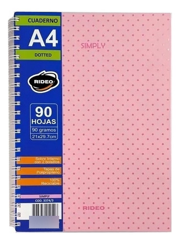 Cuaderno A4 Rideo Simply Tapa Plástica Dotted 90 Hojas Color Rosa