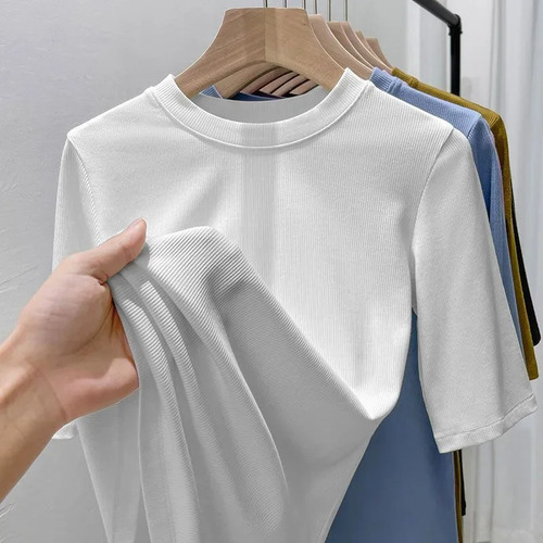 Camiseta De Algodón De Media Manga Con Cuello Acanalado Para