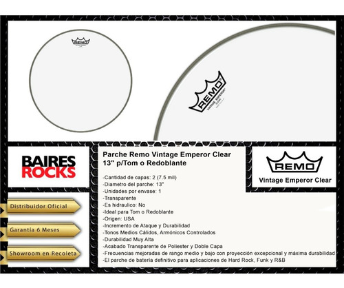 Parche Remo Clear Ve-0313-00 13 PuLG P/tom O Redoblante Cuo