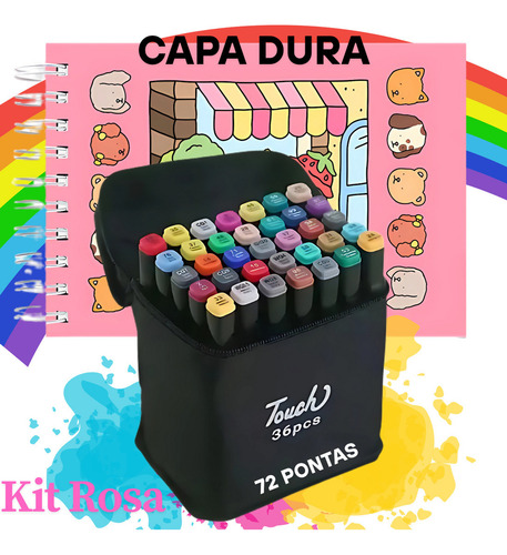 Kit Livro De Colorir Bobie Gods + Conjunto Estojo Caneta Canetinhas 36 Cores 72 Pontas