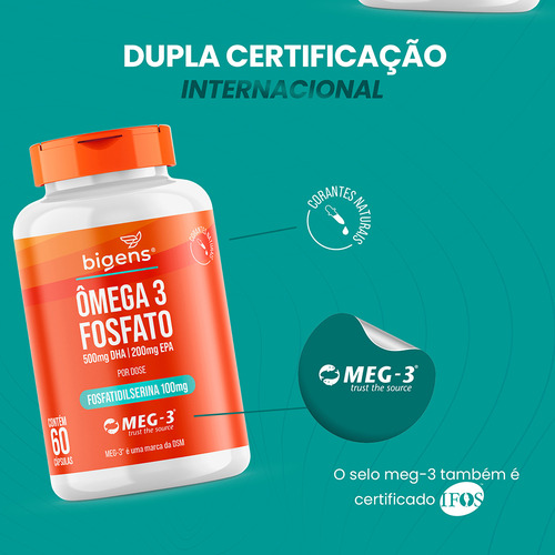 2x Ômega 3 Fosfato: 500mg Dha + 200mg Epa + 100mg de Fosfatidilserina | Meg-3® | Cérebro E Memória | 120 Cáps - Bigens