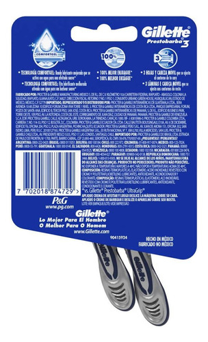 2 Pza Rastrillo Gillette Prestobarba3 Con 3 Hojas Para Rasur