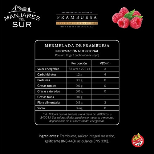 Mermelada Premium De Frambuesa Manjares Del Sur X 295grs