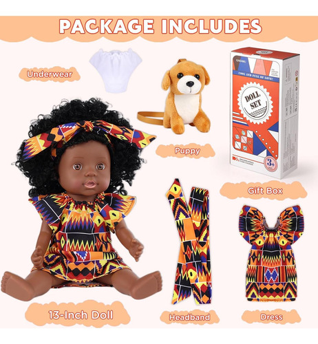 Muñeca Negra Bebé Gagaku 33 Cm Con Cabello Rizado