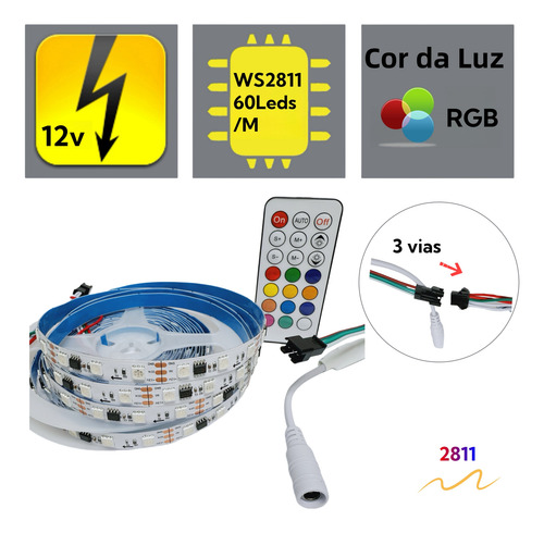Fita Led Ws2811 5m 12v Branca Ip20 3 Vias + Controladora Rgb