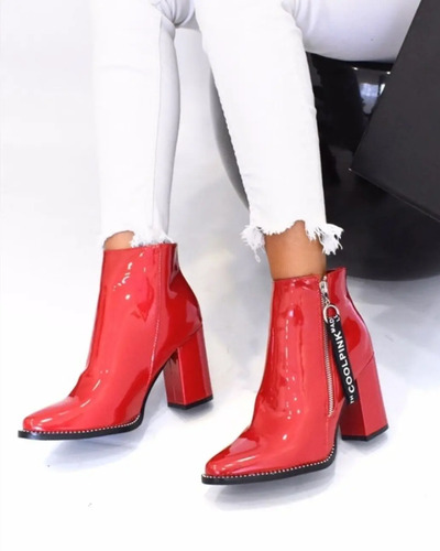Bota Botineta Mujer Charol Rojo Punta Simil Sarkany 35/40 | Envío gratis