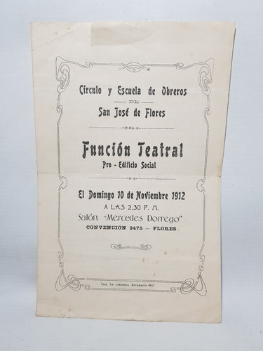 Escuela Obrera San José Flores 1912 Teatro Afiche Mag 59249