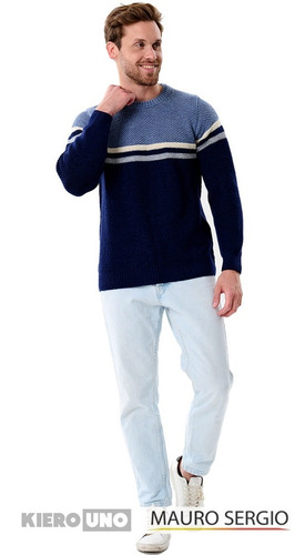 Imagen 2 de 7 de Sweater Hombre Pullover Lana Cuello Redondo Rayas Perlé