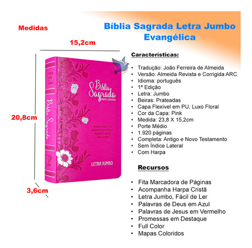 Bíblia Sagrada Gigante Letra Jumbo Arc Almeida Revista Corrigida Com Harpa Capa Floral Pink
