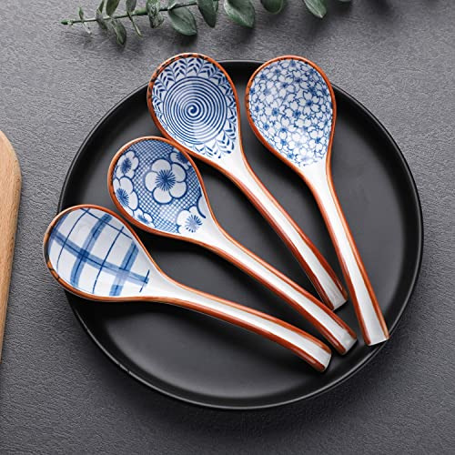 Conjunto 4 Cucharas Sopa China Cerámica Mango Largo