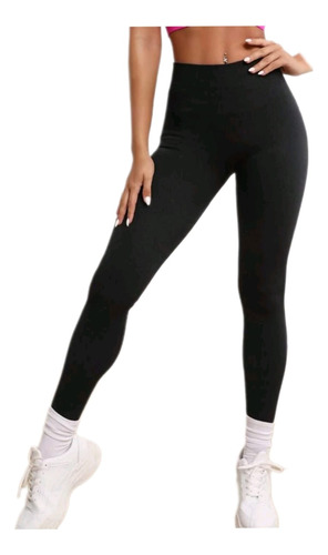 Calza Leggins Deportiva Licra Tiro Alto Negra Acanaladas